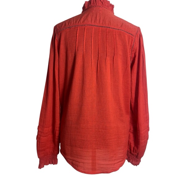 Faherty Willa Blouse Orangey - Red Pintuck Organic Cotton Ruffle L/S Top Size S - Picture 6 of 11